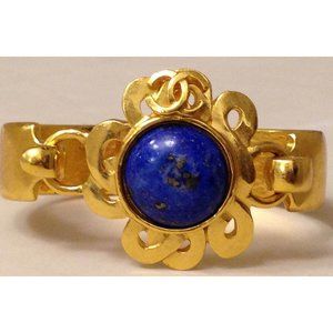 Authentic Chanel CC LOGO lapis lazuli stone hammered gold goldtone bracelet 97P
